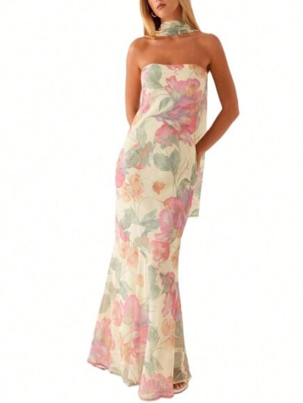 Pink Elegant Women's Floral Strapless Dress Y2k Backless Sleeveless Tube